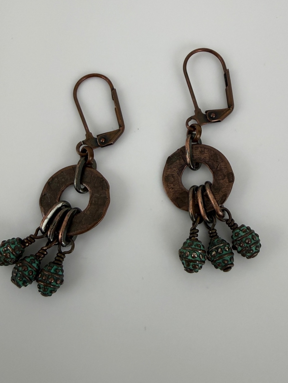 Antique Copper Dangle Earrings with Turquoise Patina Beads